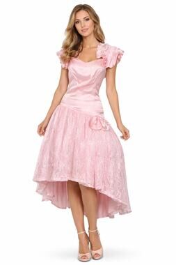 1980s Pink Satin Lace Drop Waist Hi Low Party Prom Dress X Small